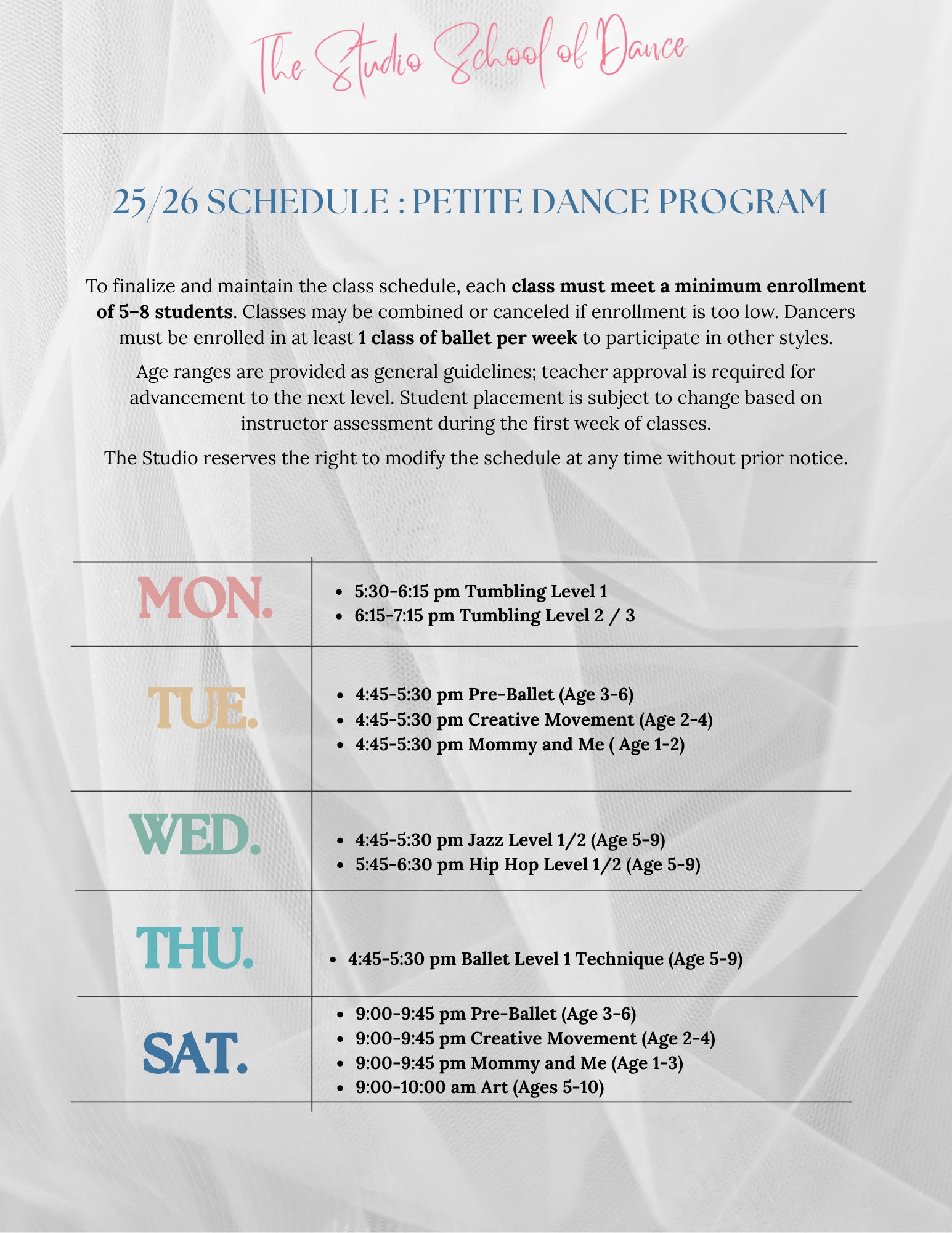 2025/2026 Class Schedule – The Studio School of Dance